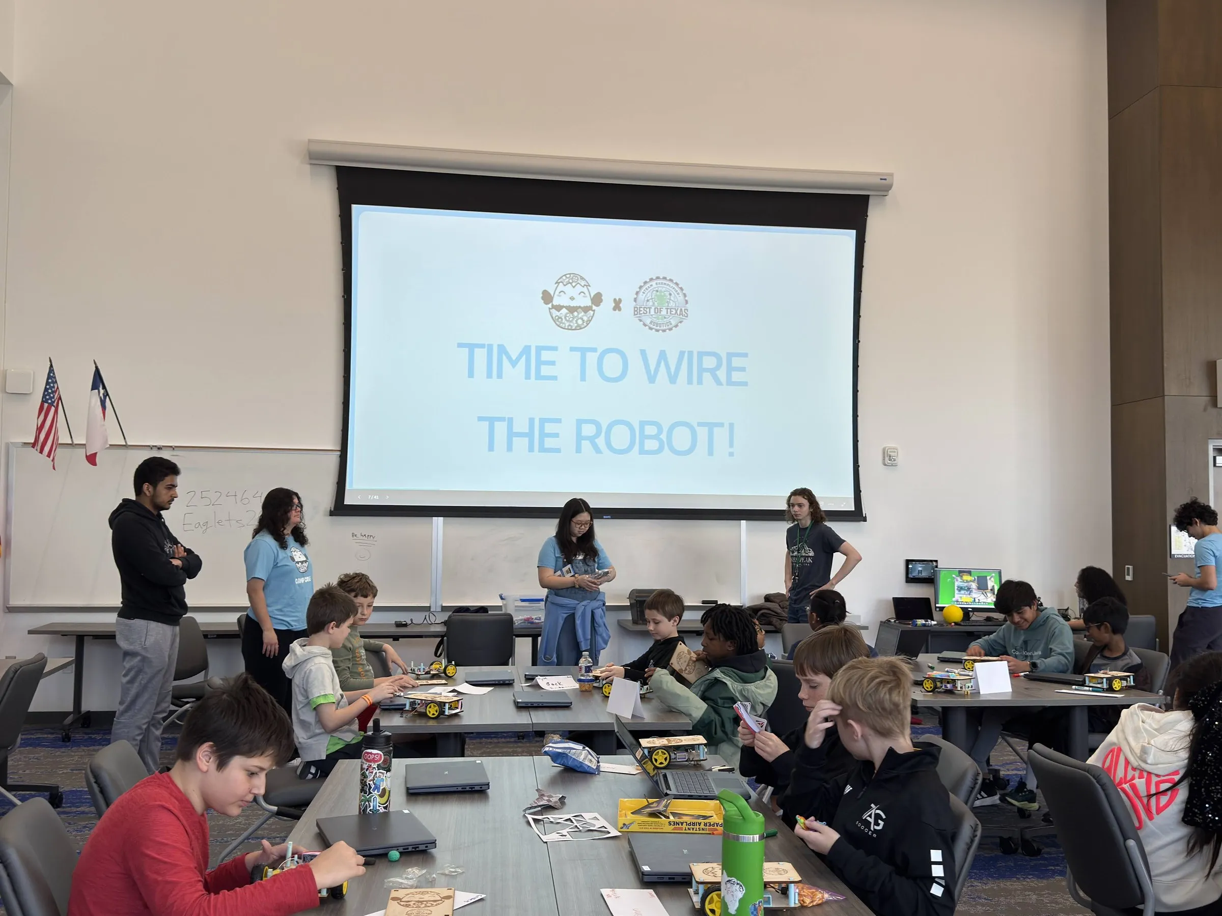 A full room of students at the 2026 Winter Camp working at tables with robot kits and laptops, while a projected slide reading "TIME TO WIRE THE ROBOT!" carries the Eaglets and BEST of Texas Robotics logos.